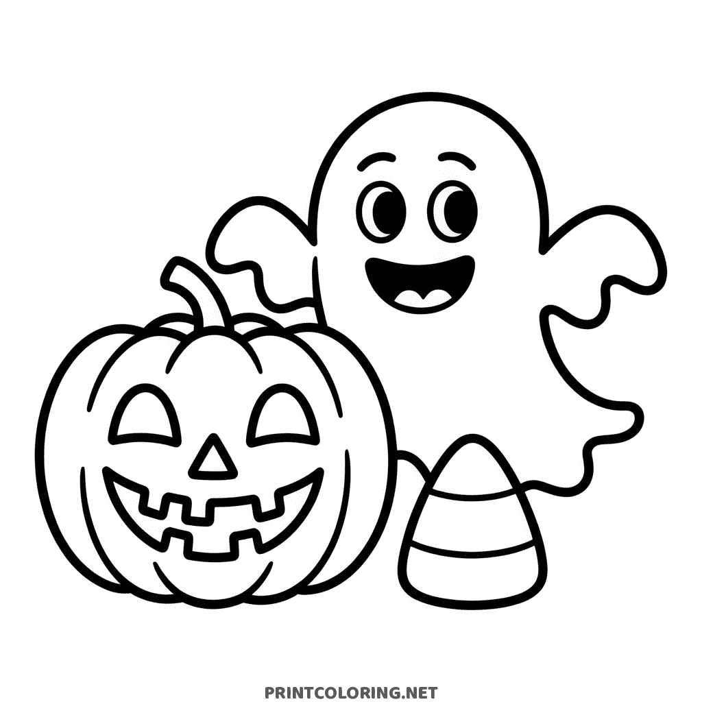Easy Halloween coloring page with a simple ghost, jack-o-lantern, and candy corn for toddlers