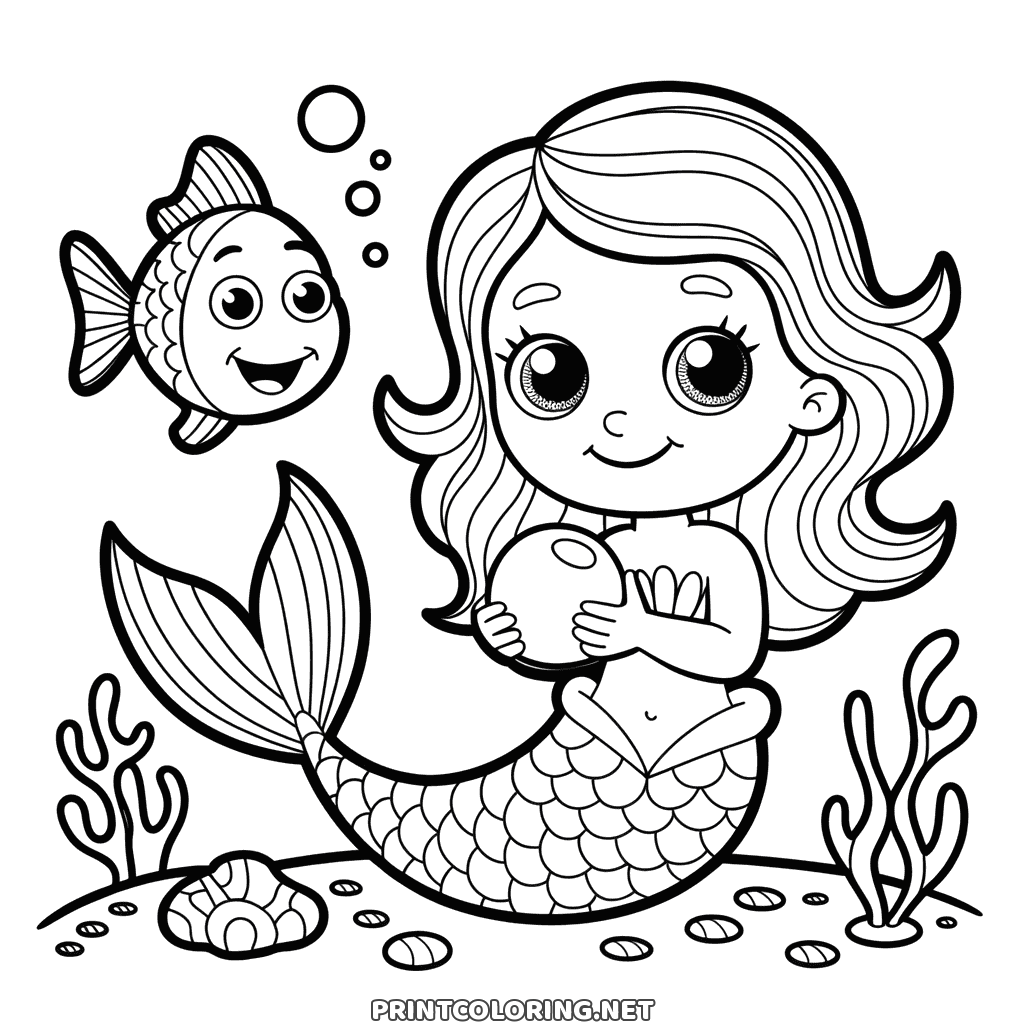 Easy mermaid coloring page: a little mermaid holding a pearl next to a smiling fish