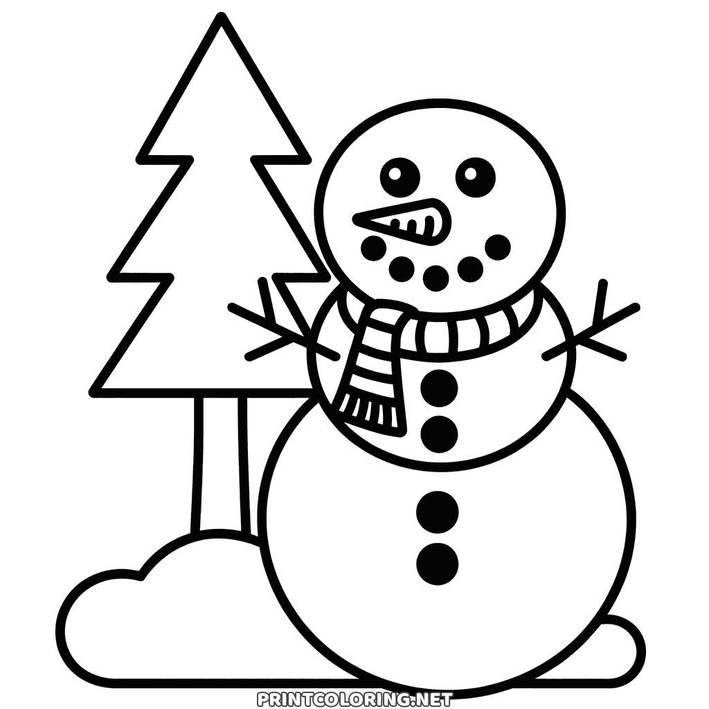 Coloriage bonhomme de neige facile pour les petits : un bonhomme rond en écharpe près d'un sapin