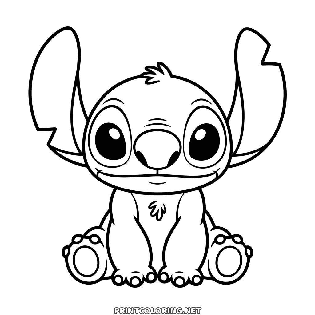 Coloring page of Stitch sitting square on, both ears up and his big feet turned out