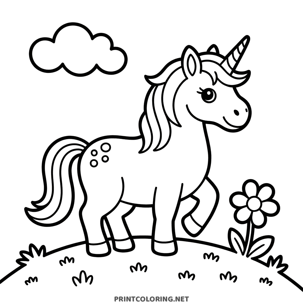 Easy unicorn coloring page with simple bold shapes for toddlers, standing by a flower