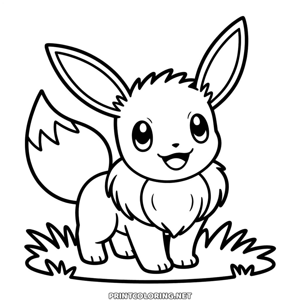 Pokémon Eevee coloring page: standing in the grass with a thick fur ruff and a bushy tail