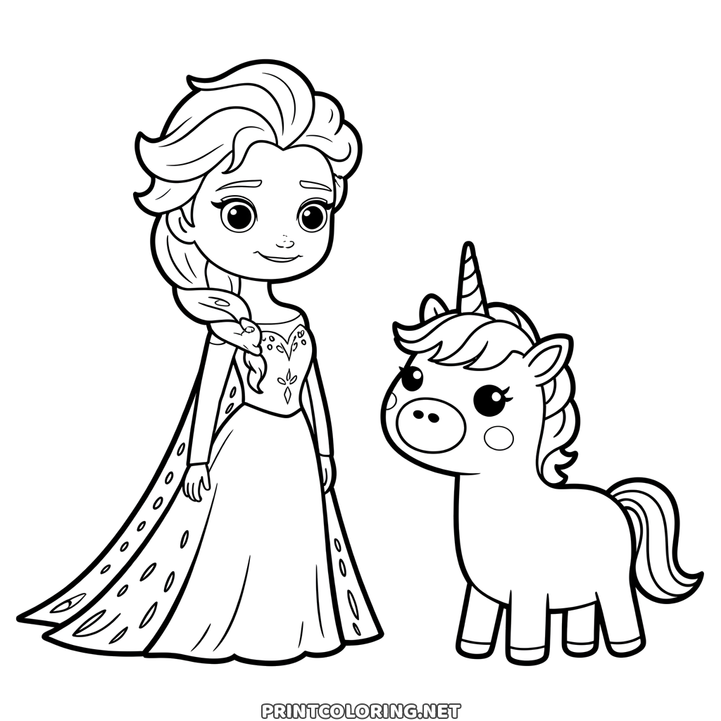 Elsa und Einhorn Ausmalbild: Elsa steht neben einem pummeligen Baby Einhorn mit Horn