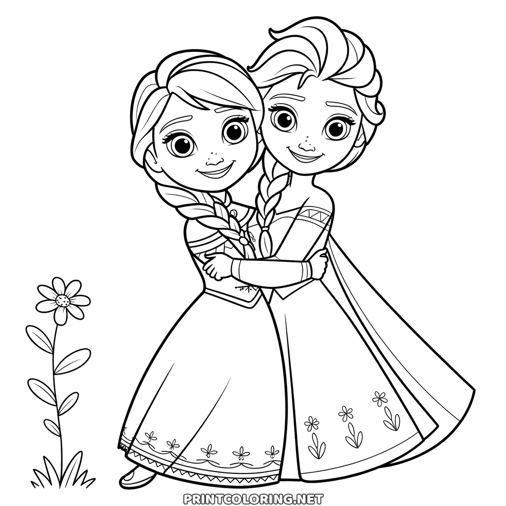 Anna und Elsa Ausmalbild aus der Eiskönigin: die Schwestern umarmen sich, Röcke mit Blumen