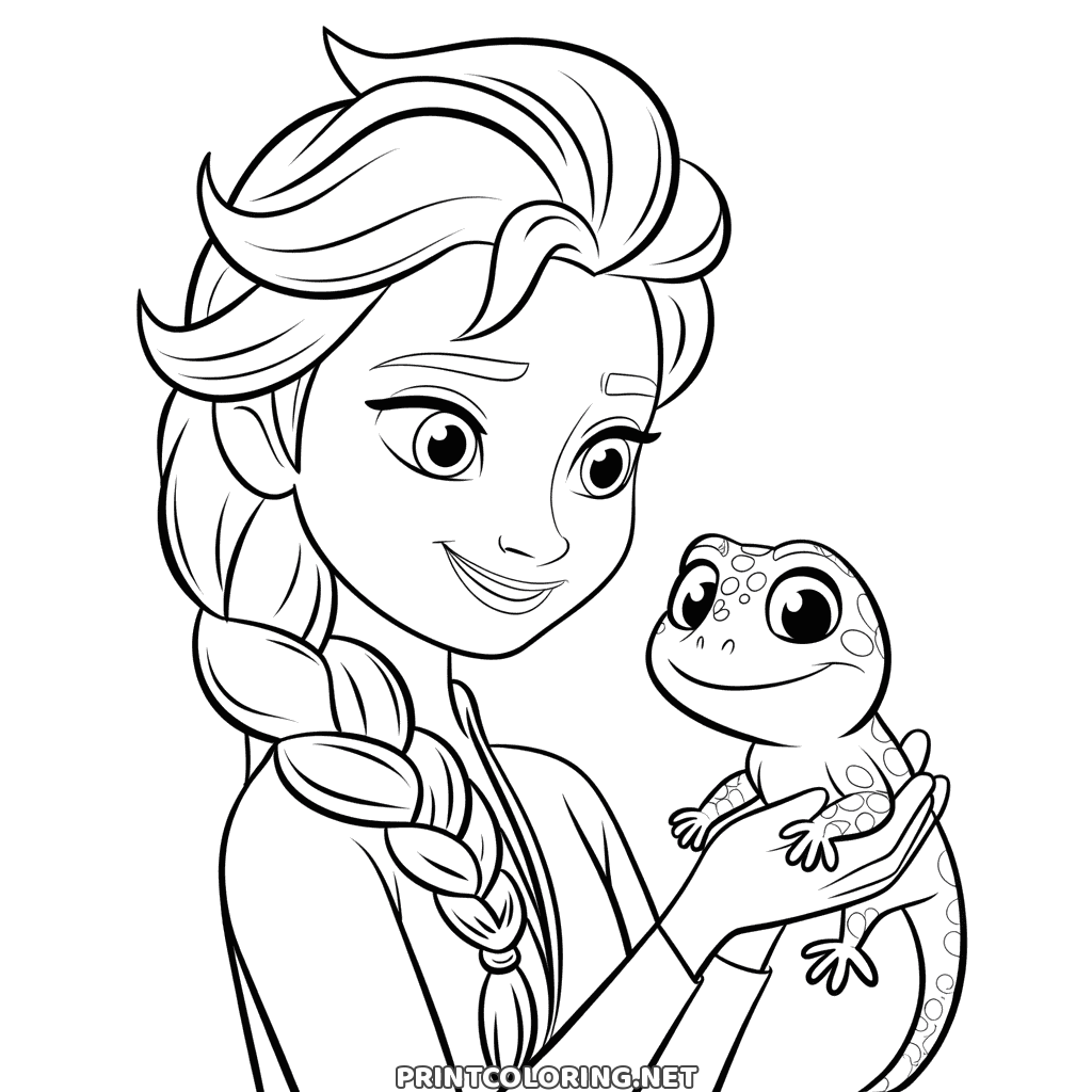Elsa und Bruni Ausmalbild aus Die Eiskönigin 2: Elsa lächelt den kleinen Salamander an