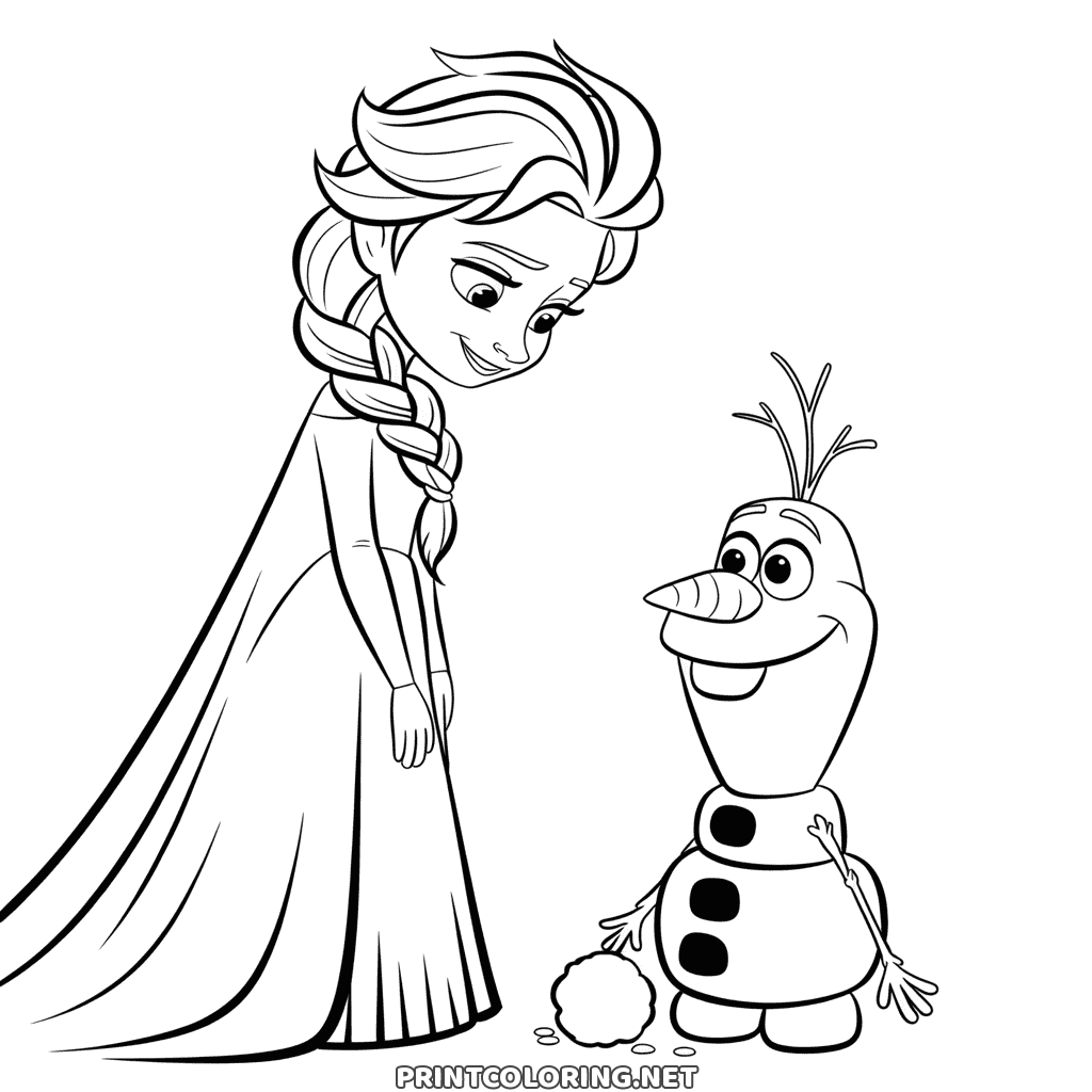 Elsa und Olaf Ausmalbild: Elsa lächelt zu Olaf hinunter, der mit seinem Zweigarm winkt