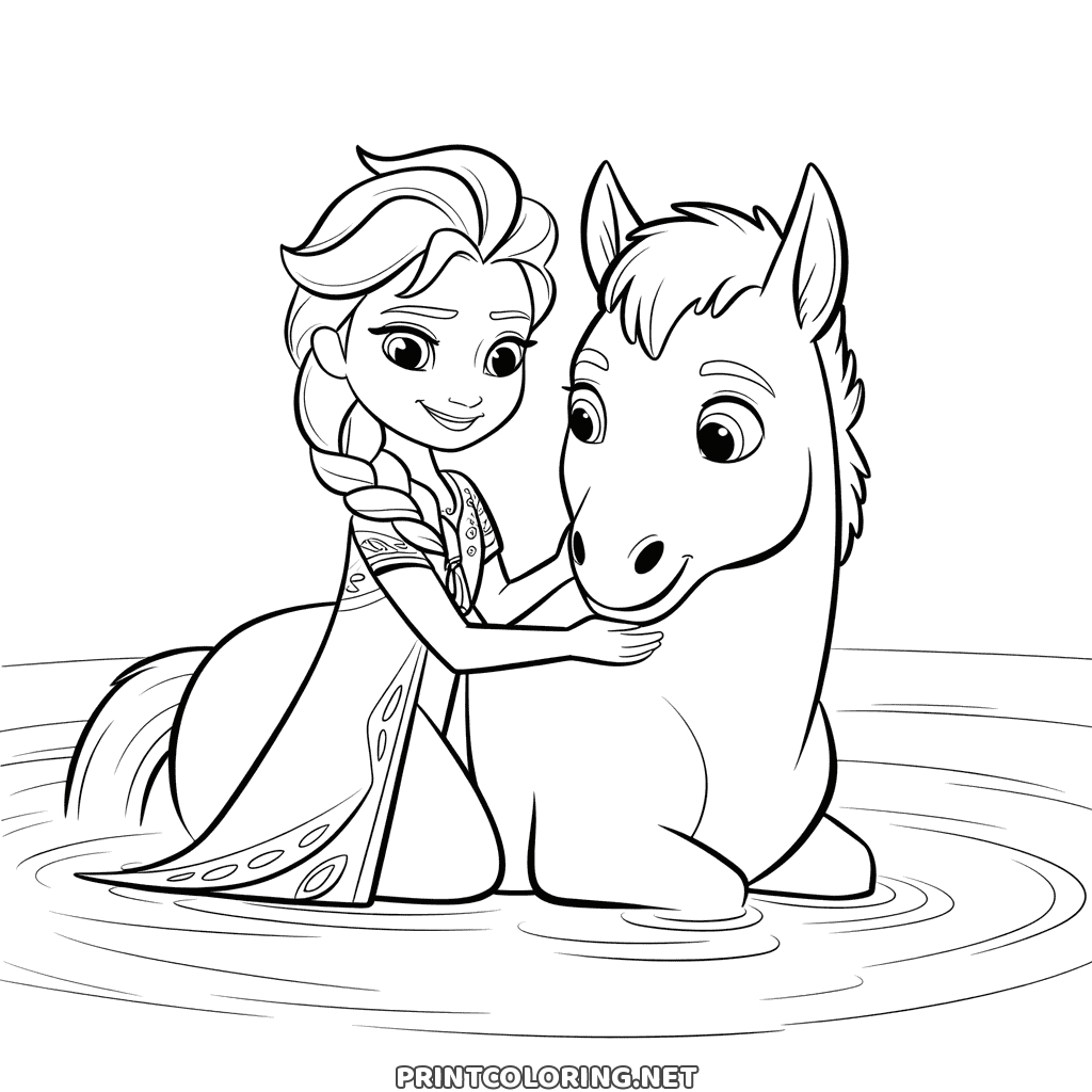 Elsa mit dem Wasserpferd Ausmalbild: Elsa umarmt das im Wasser liegende Pferd, Wellenringe