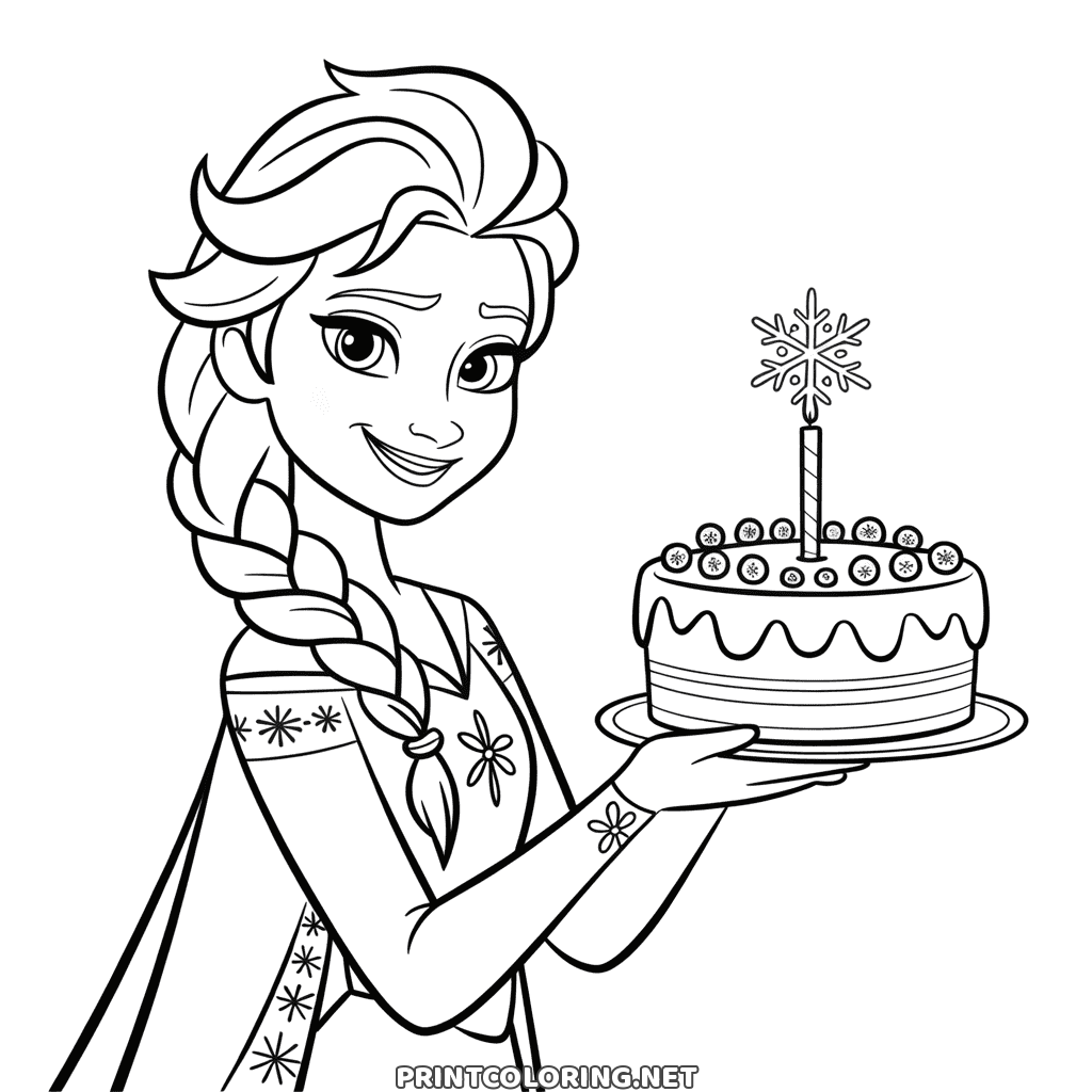 Elsa Geburtstag Ausmalbild: Elsa hält eine Torte mit Schneeflocken-Kerze und lächelt breit