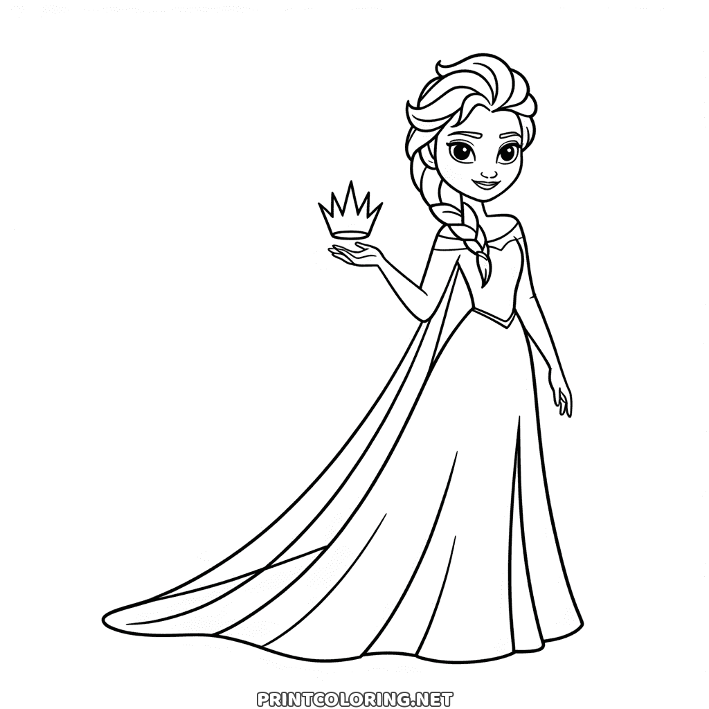Elsa mit Diadem Ausmalbild: Elsa im Eiskleid, eine kleine Krone schwebt über ihrer Handfläche