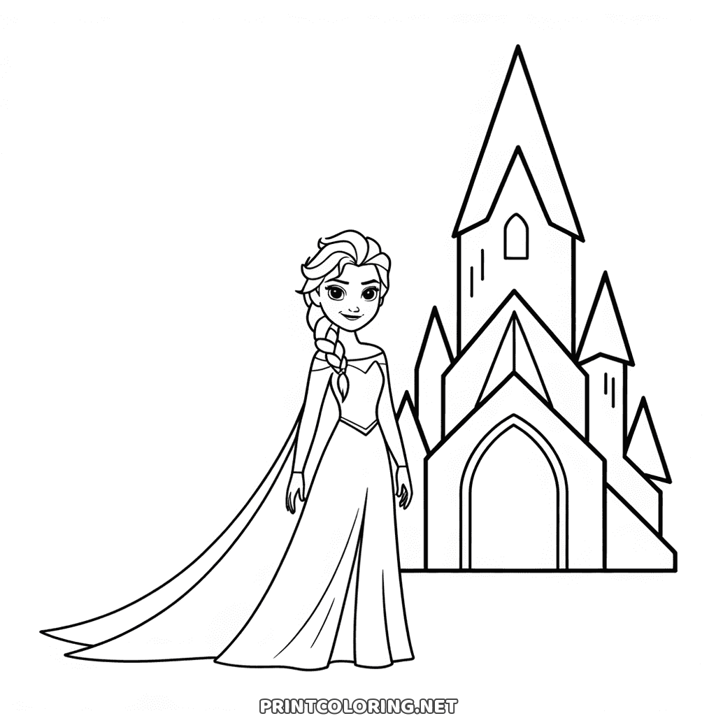 Princess Elsa ice castle coloring page: a tall castle of spires with Elsa below it