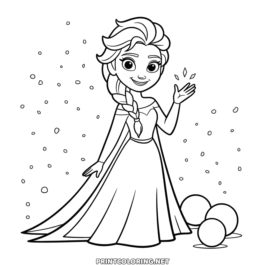 Elsa im Schnee Ausmalbild: Elsa winkt, während Flocken fallen, drei Schneebälle zu ihren Füßen