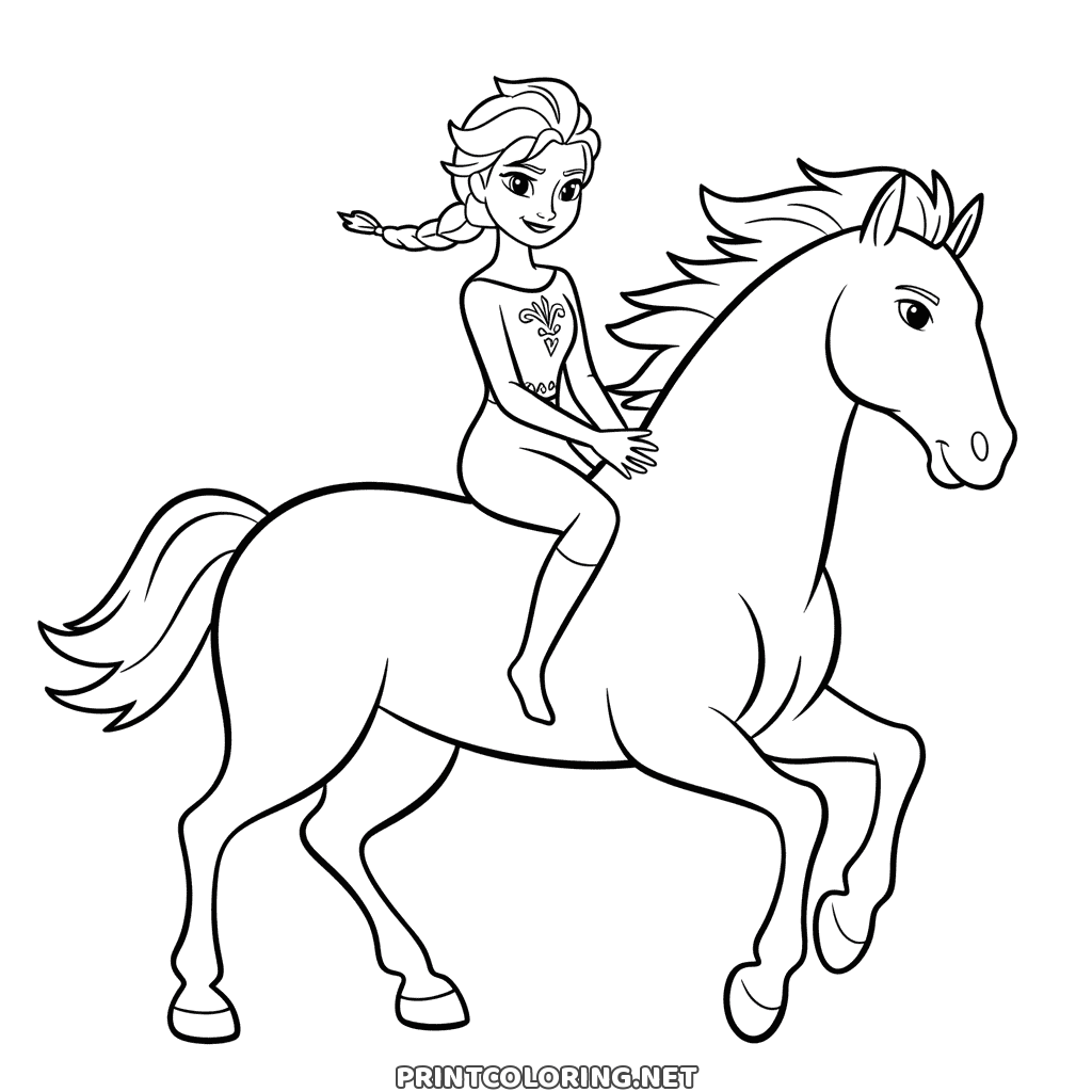 Elsa auf dem Pferd Ausmalbild: Elsa reitet ein galoppierendes Pferd, der Zopf fliegt nach hinten