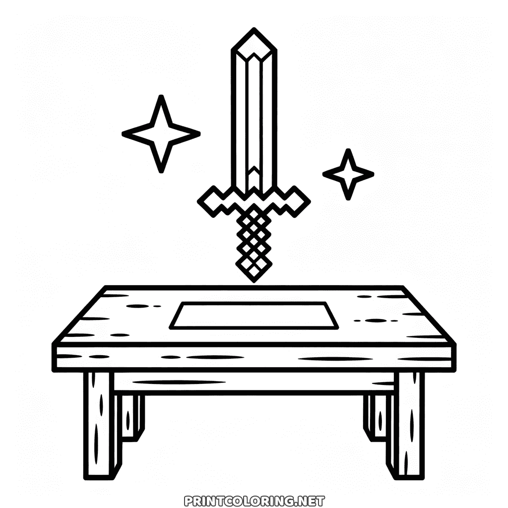 Minecraft enchanted sword coloring page: a pixel sword floating above an enchanting table