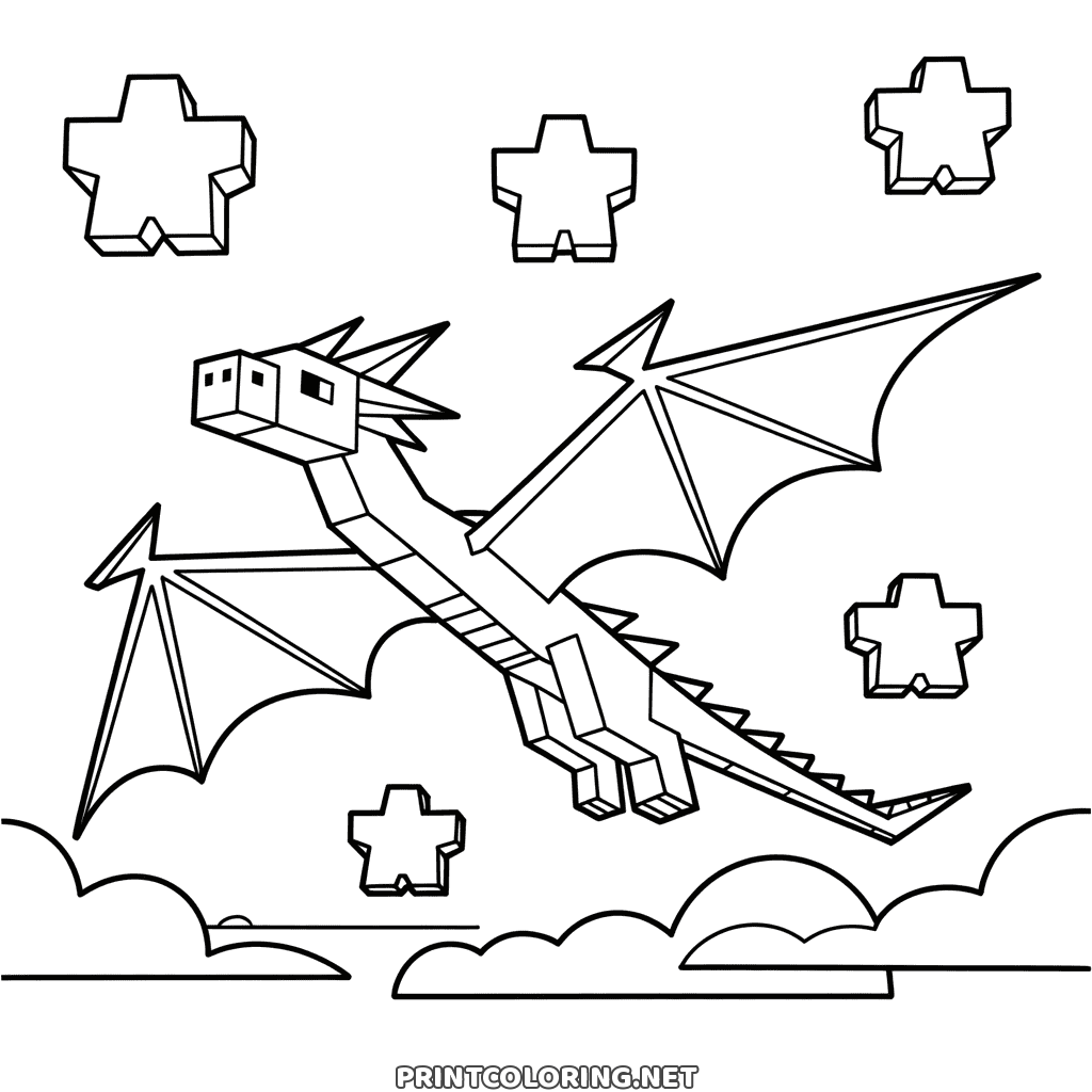 Ender Dragon coloring page: the Minecraft boss dragon flying with wings spread among stars