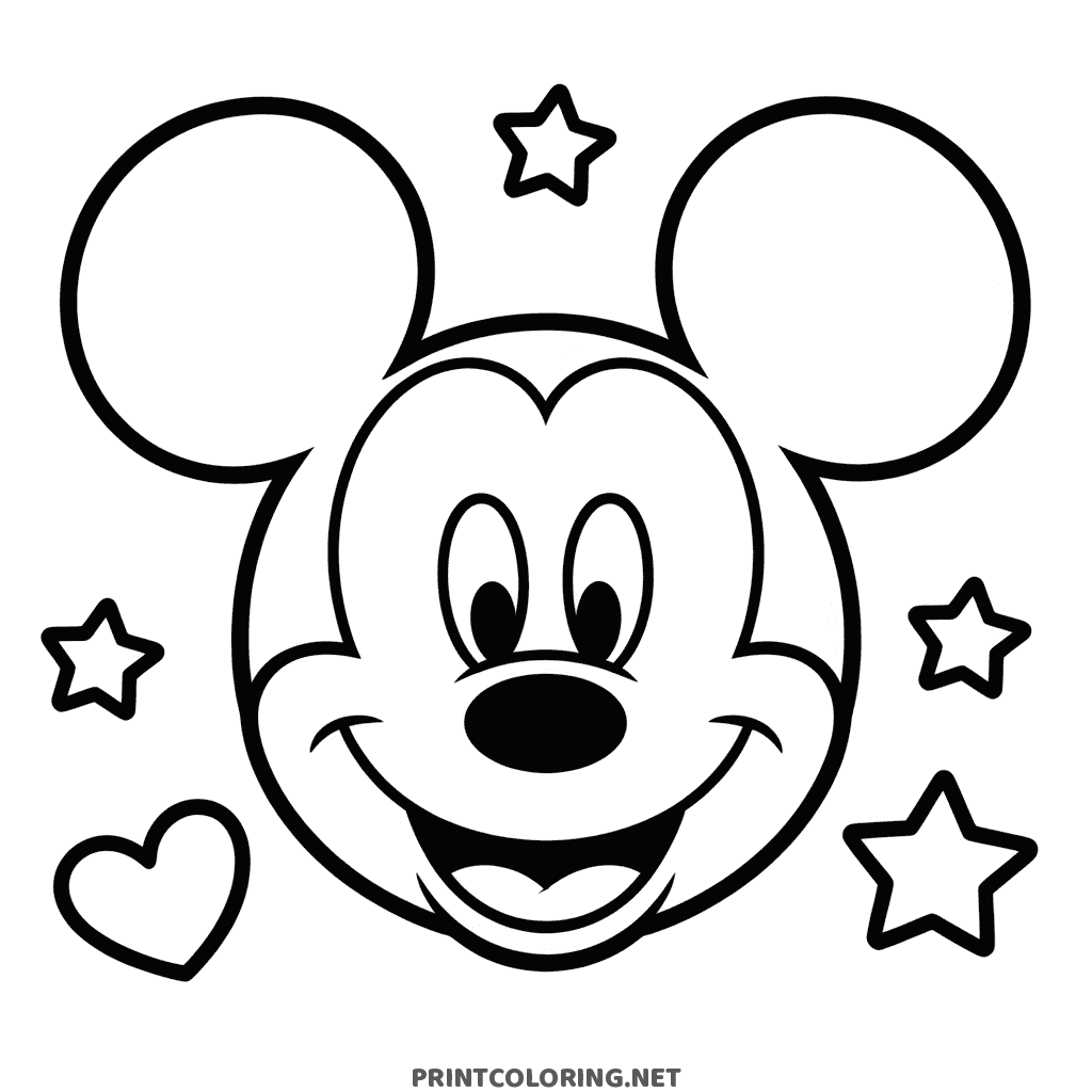 Mickey Mouse face coloring page, a close-up portrait with stars and a heart