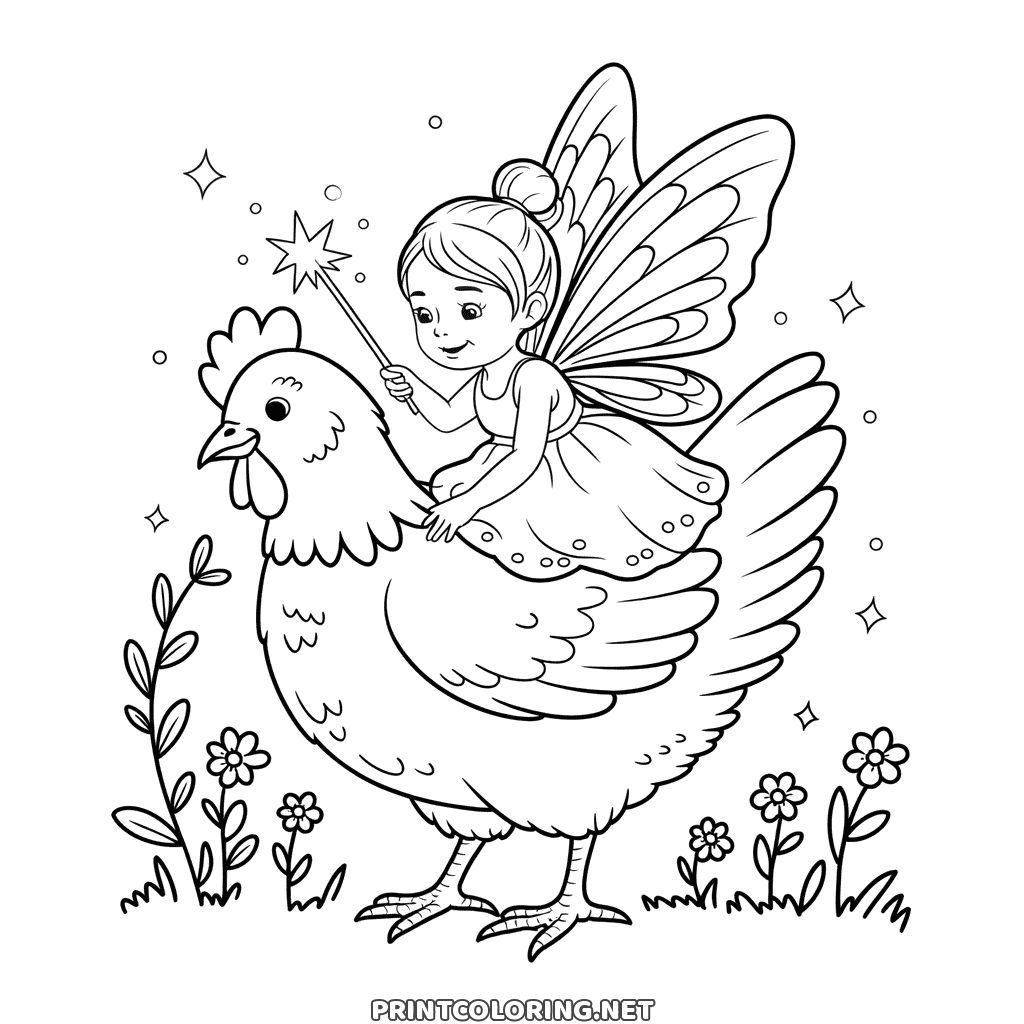 Fairy and hen coloring page: a little fairy with butterfly wings riding a hen, star wand raised