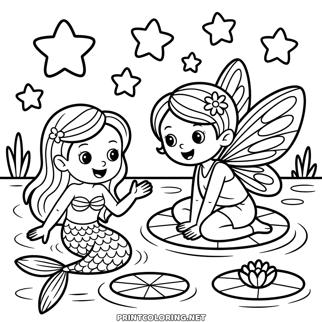 Fairy and mermaid coloring page: two friends talking at a pond with lily pads and stars