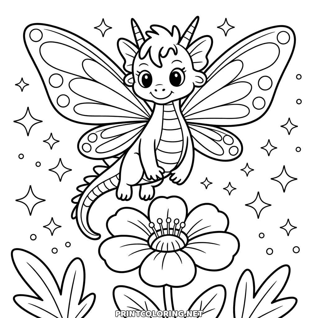 Fairy dragon coloring page: a little dragon with butterfly wings above a big flower and sparkles