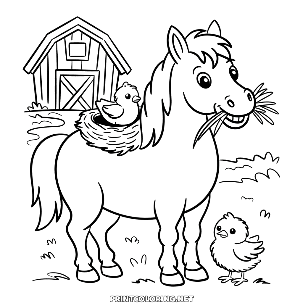 Farm horse coloring page: eating straw beside a barn with a hen and a chick