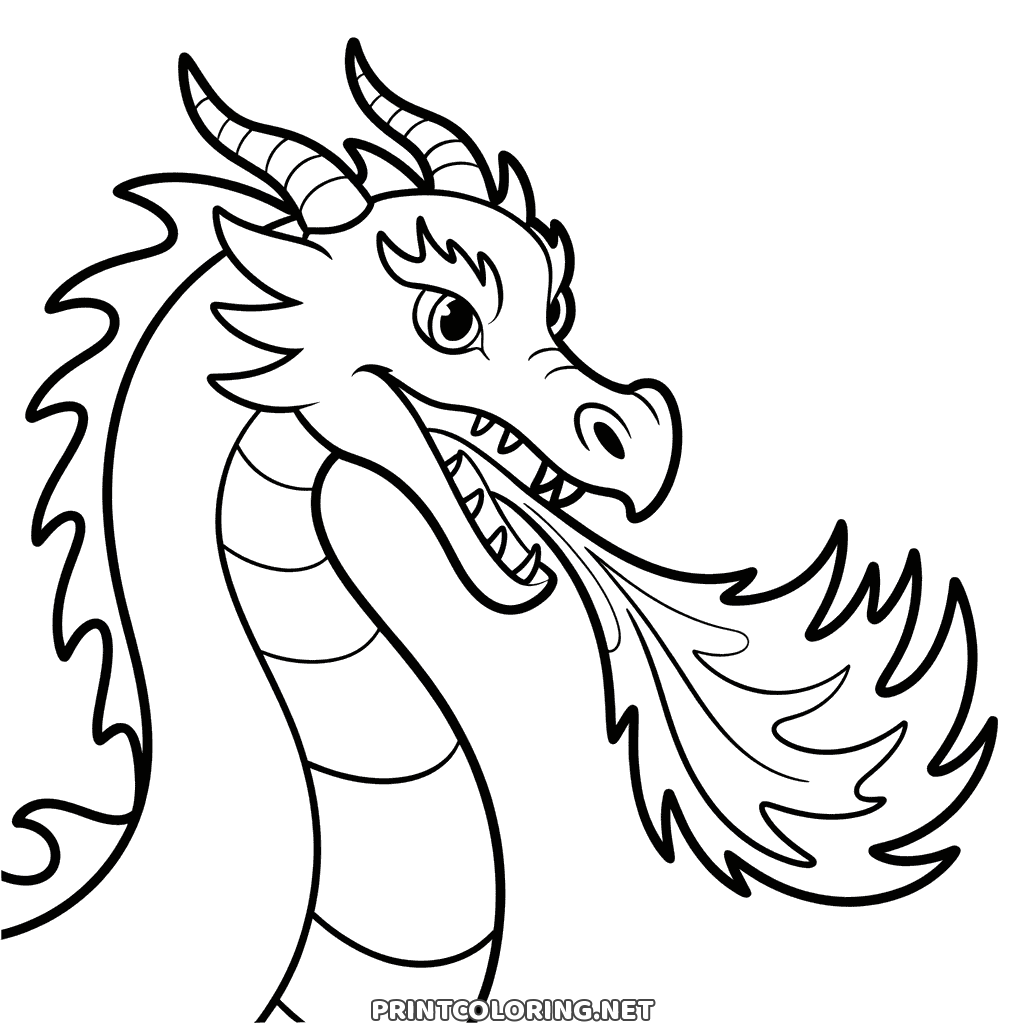 Feuerspeiender Drache Ausmalbild mit gedrehten Hörnern und einem großen Flammenstoß