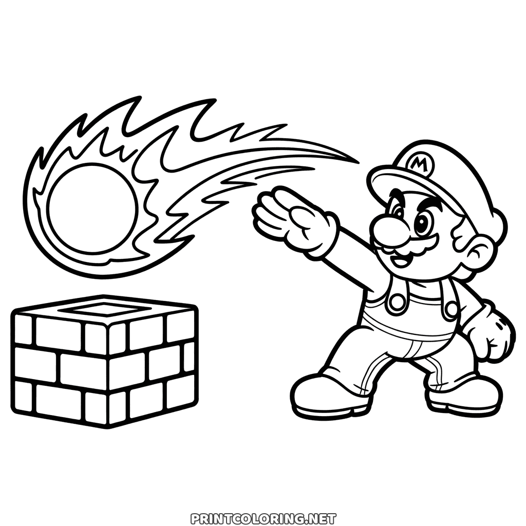 Kostenloses Super Mario Ausmalbild: Feuer-Mario wirft einen lodernden Feuerball über einen Ziegelblock