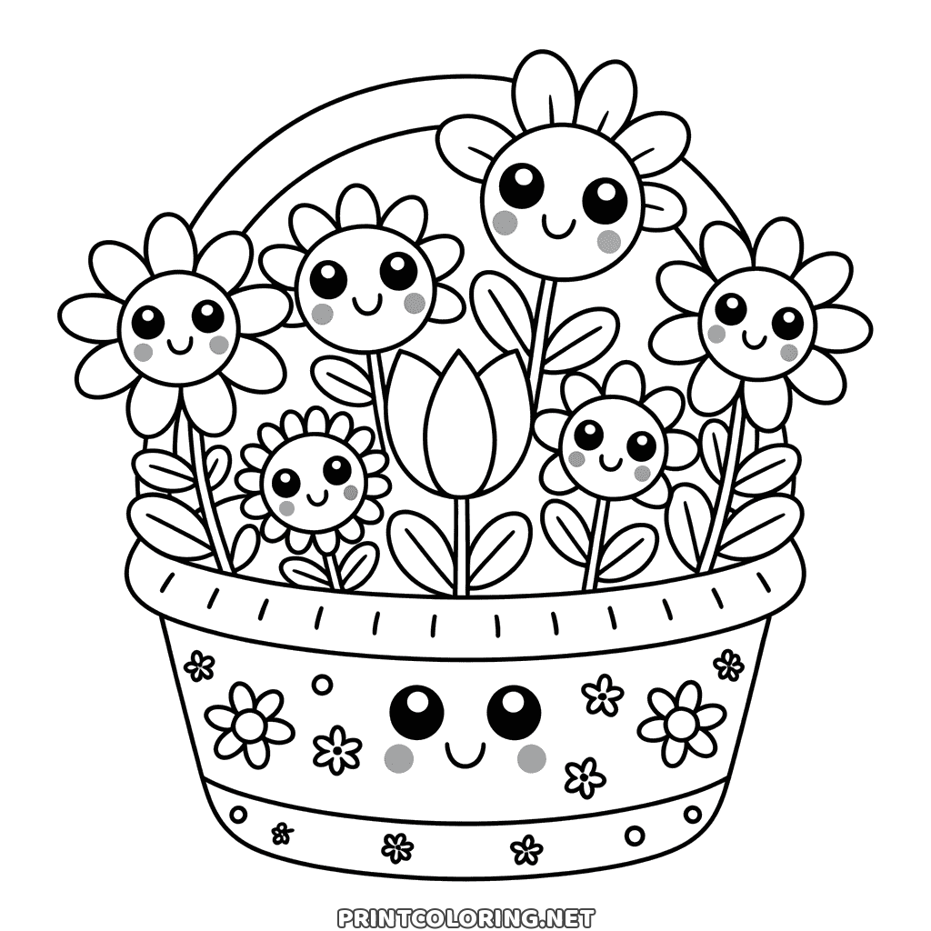 Kawaii flower basket coloring page: a smiling basket full of flowers with happy faces