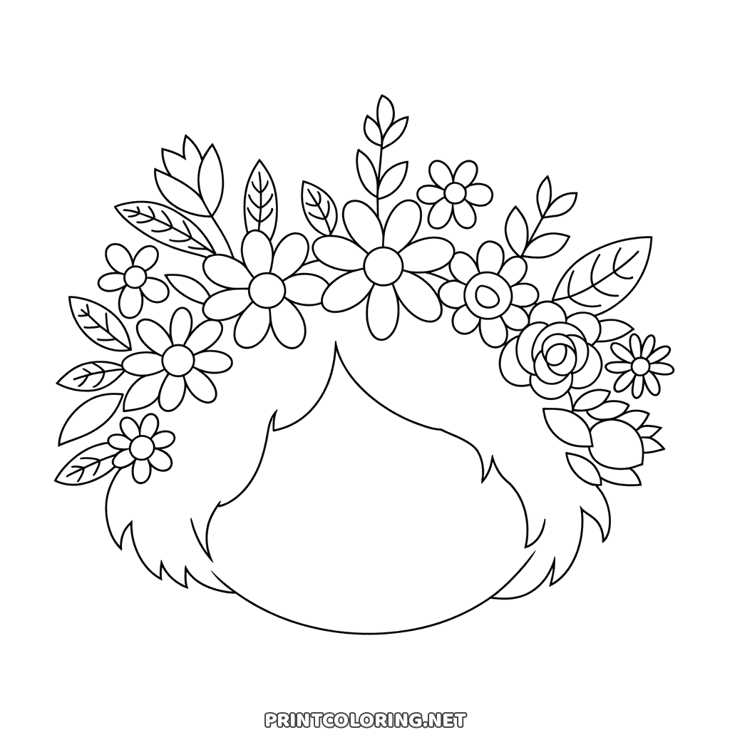 Flower crown coloring page: a crown of mixed flowers and leaves on a head, the face left blank