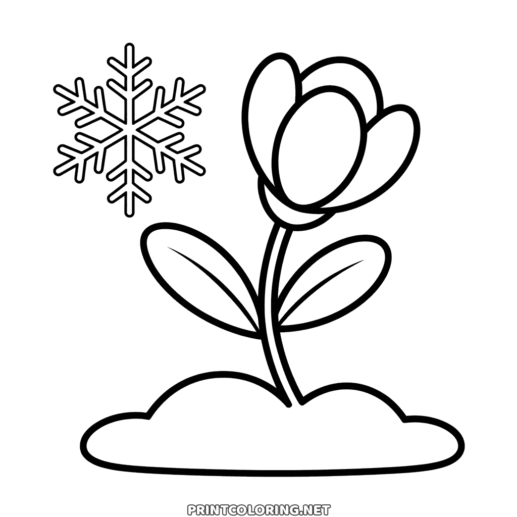 Simple flower coloring page: a tulip with two leaves growing out of a mound of winter snow, a snowflake nearby