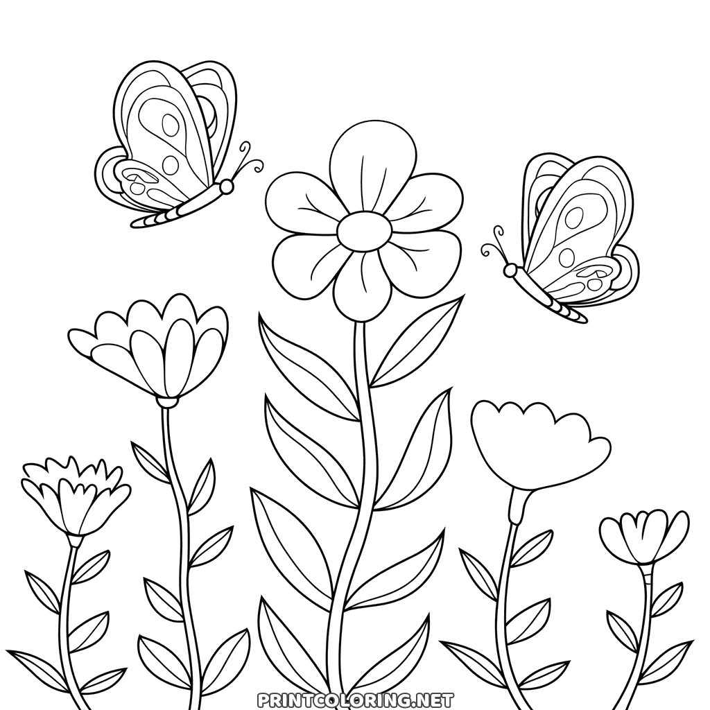 Flowers and butterflies coloring page: two butterflies over a row of garden flowers