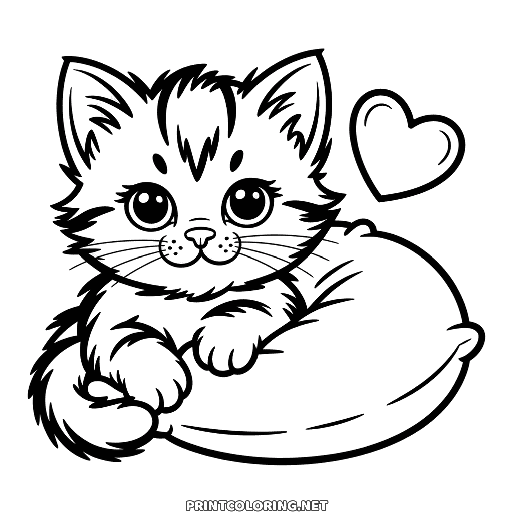 Fluffy kitten coloring page: resting its paws on a round cushion, a heart above
