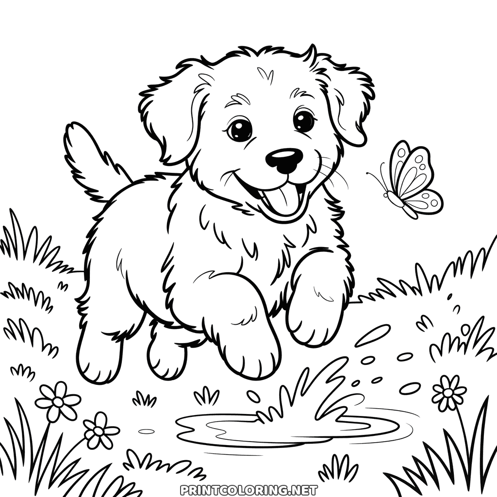 Fluffy puppy bounding through long grass and splashing a puddle, a realistic dog coloring page