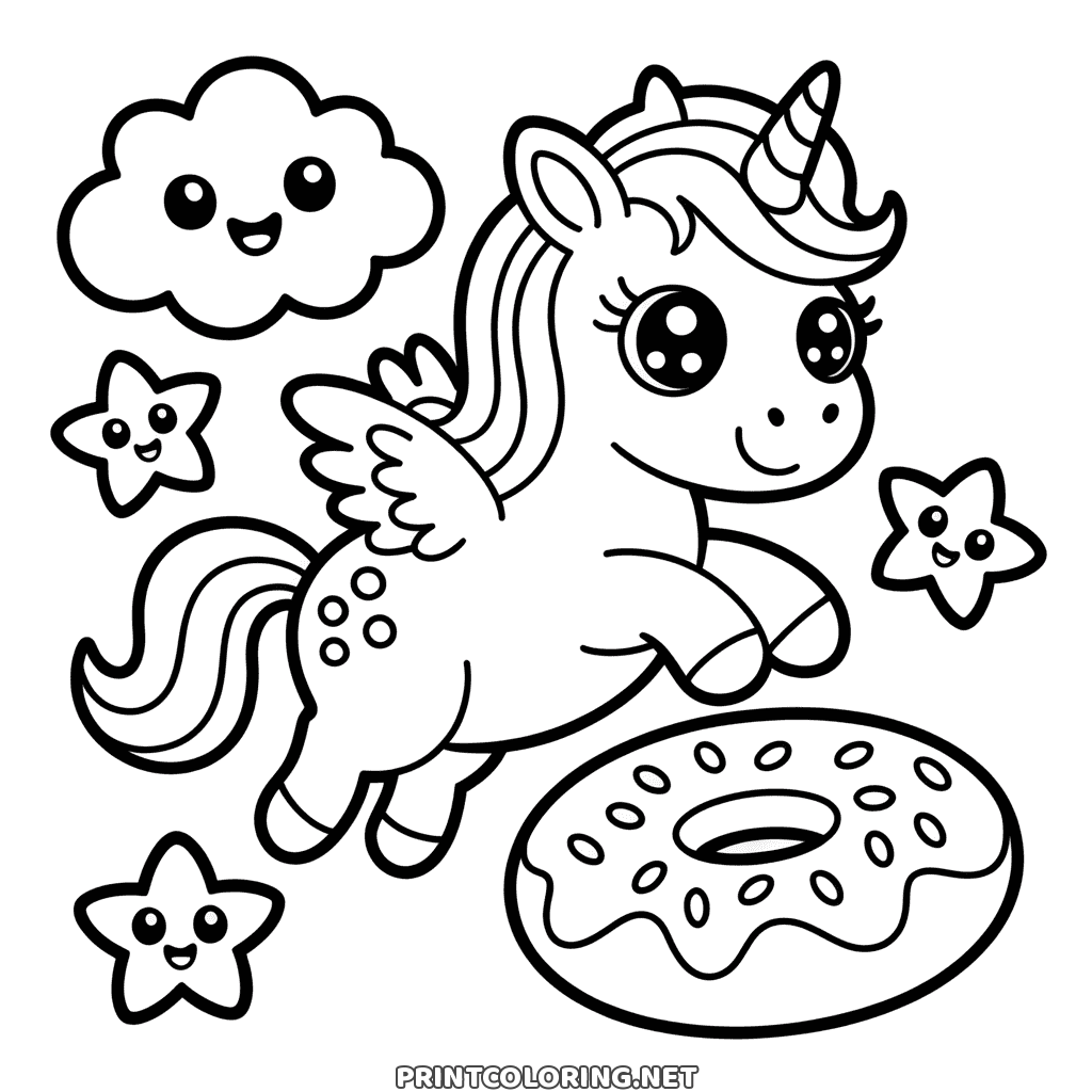 Little winged unicorn flying over a sprinkled donut, smiling stars around, kawaii unicorn coloring page