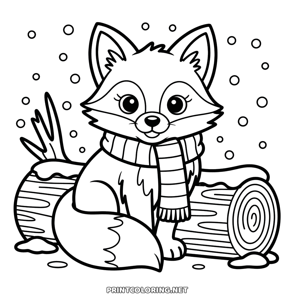 Winter fox coloring page: a cute fox in a striped scarf sitting by a snowy log
