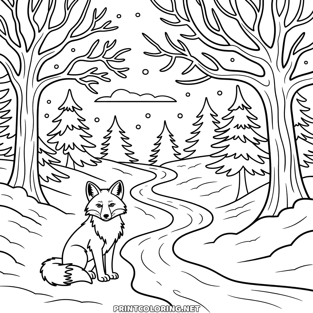 Realistic fox coloring page: a fox sitting beside a winding path in a snowy winter forest