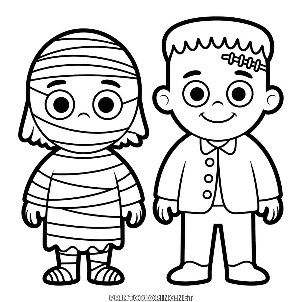 Easy Halloween coloring page: a bandaged mummy beside a friendly Frankenstein monster