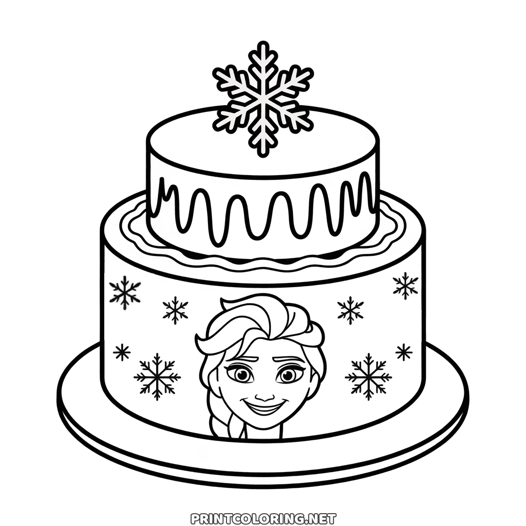 Eiskönigin Torte Ausmalbild: zweistöckige Torte mit Schneeflocken und Elsas Gesicht vorne