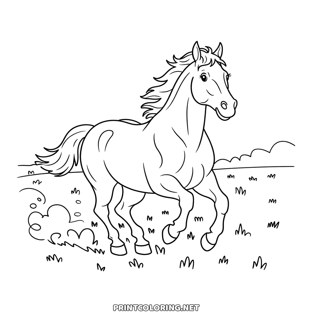 Galloping horse coloring page: at full gallop across a field with bushes behind