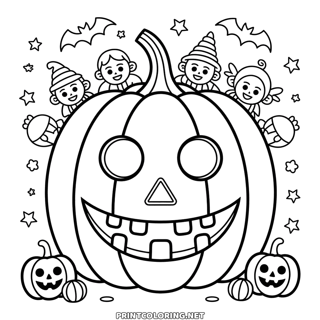 Riesiger geschnitzter Halloween Kürbis als Ausmalbild, Zahngrinsen und vier Kinder dahinter