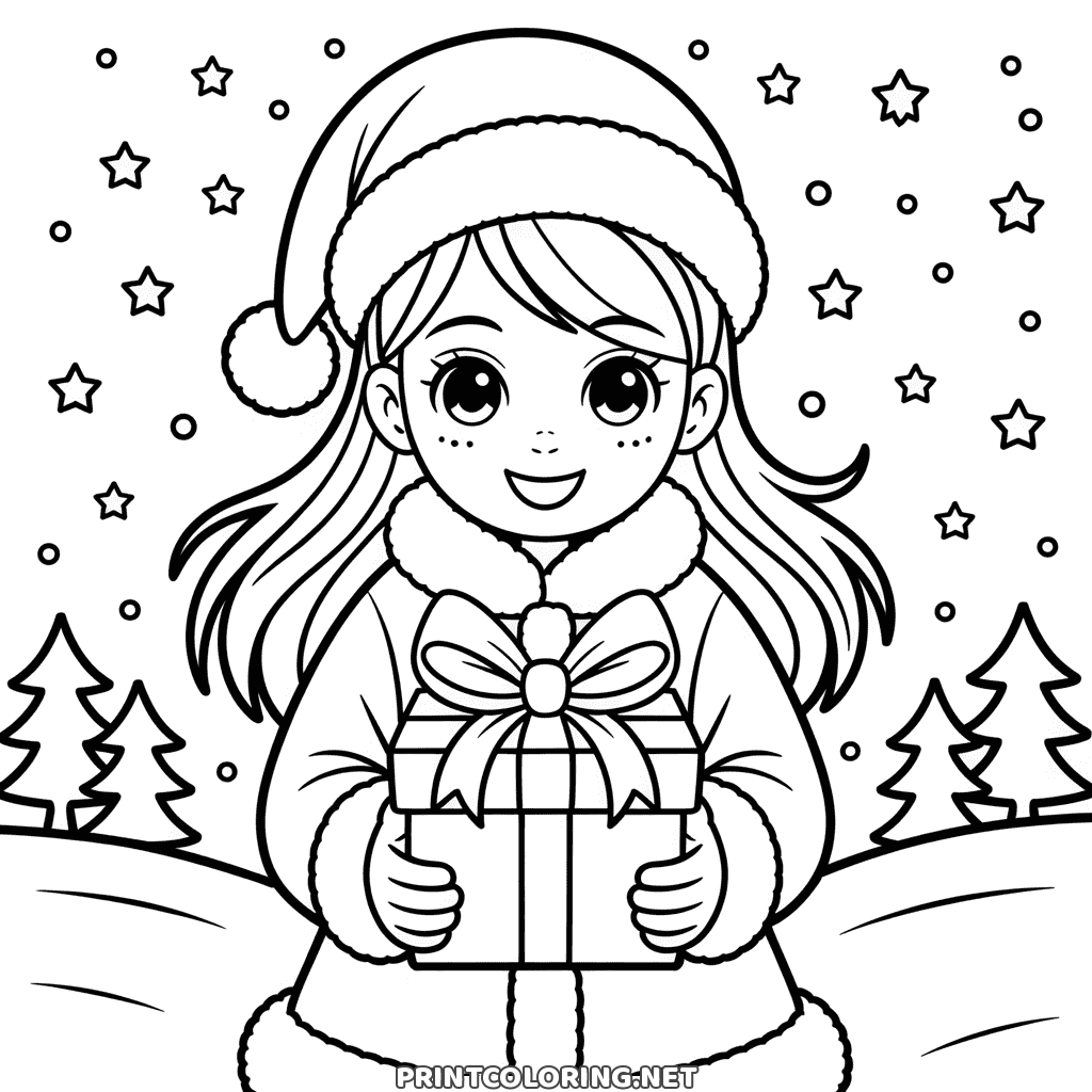 Weihnachten Ausmalbild: Mädchen in Weihnachtsmütze hält ein verpacktes Geschenk, Sterne und Schnee