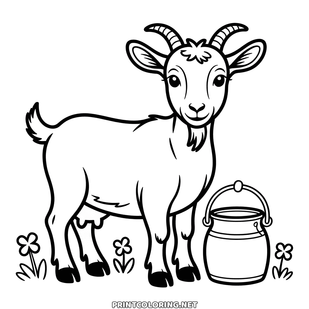 Bearded farm goat beside a milk can with small flowers in the grass, simple goat coloring page