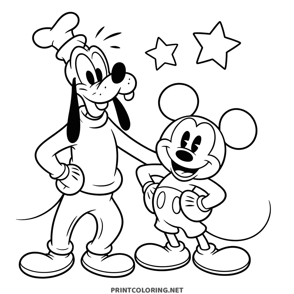 Mickey Mouse and Goofy coloring page, both standing with hands on their hips