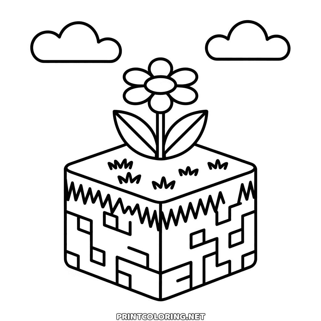 Easy Minecraft grass block coloring page: one block with a flower on top and two clouds