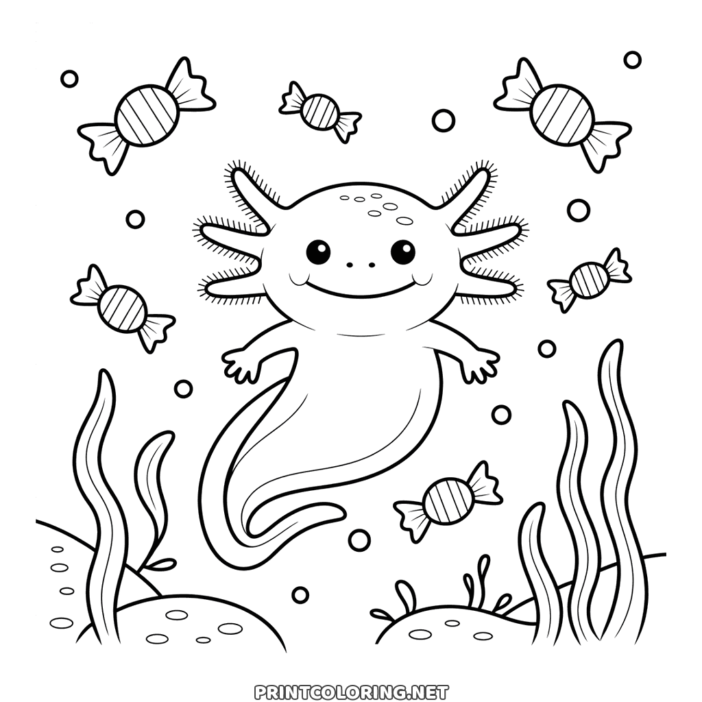 Halloween axolotl swimming among floating sweets, with seaweed below, page to color