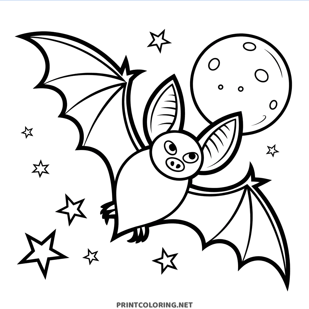 Halloween coloring page of a bat flying with textured wings past a full moon and stars