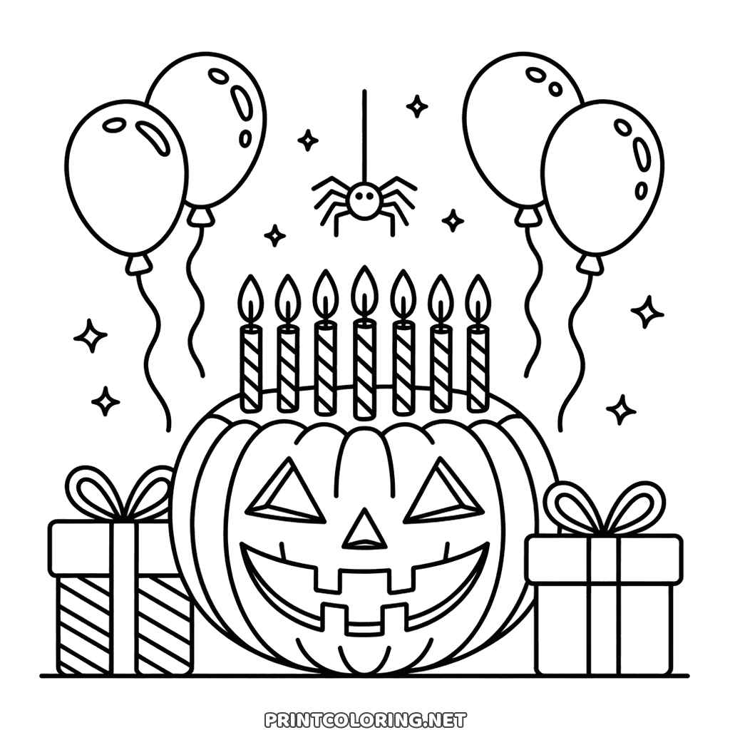 Halloween birthday page to color: carved pumpkin with eight candles, balloons and gifts
