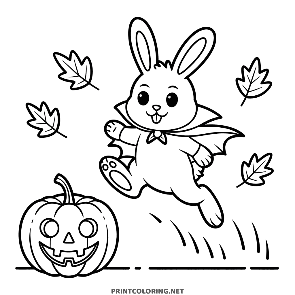 Halloween coloring page of a bunny wearing a cape and leaping past a jack-o-lantern with falling leaves