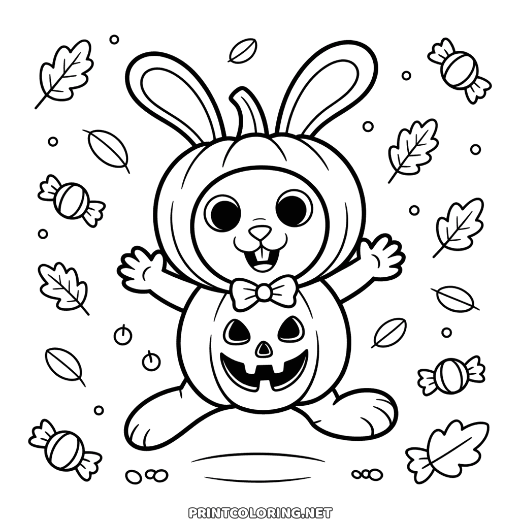 Cute Halloween bunny coloring page: a rabbit in a pumpkin suit among leaves and sweets