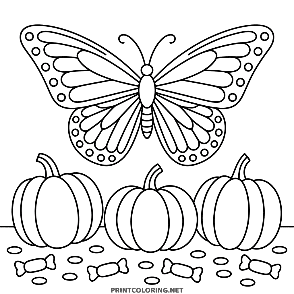 Halloween coloring page of a large patterned butterfly flying over three pumpkins and scattered candy