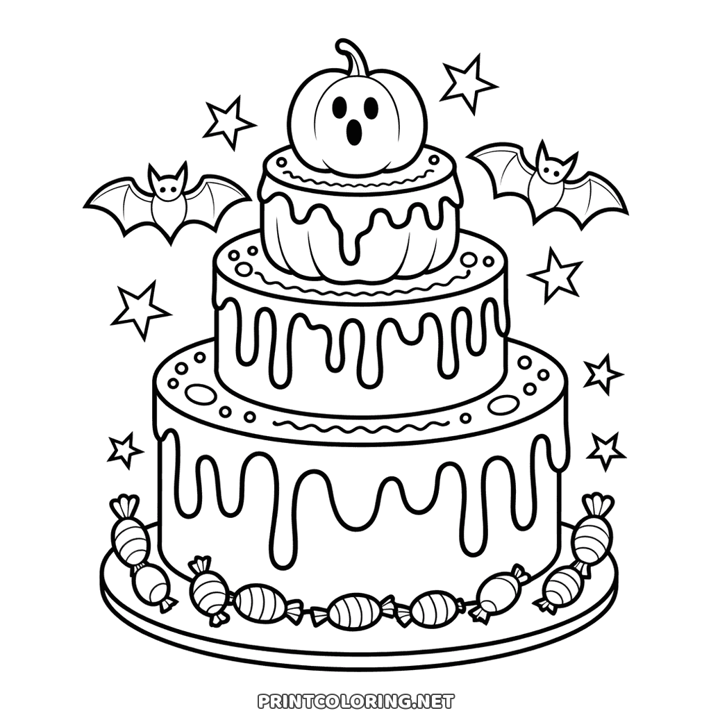 Three tier Halloween cake to color, dripping icing, ghost pumpkin on top, bats and stars