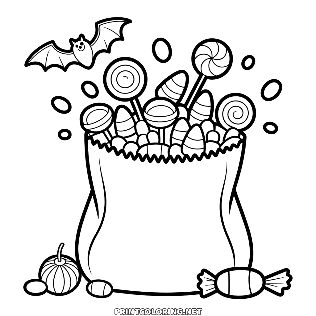 Halloween candy bag coloring page: a sack overflowing with lollipops, candy corn and wrapped sweets